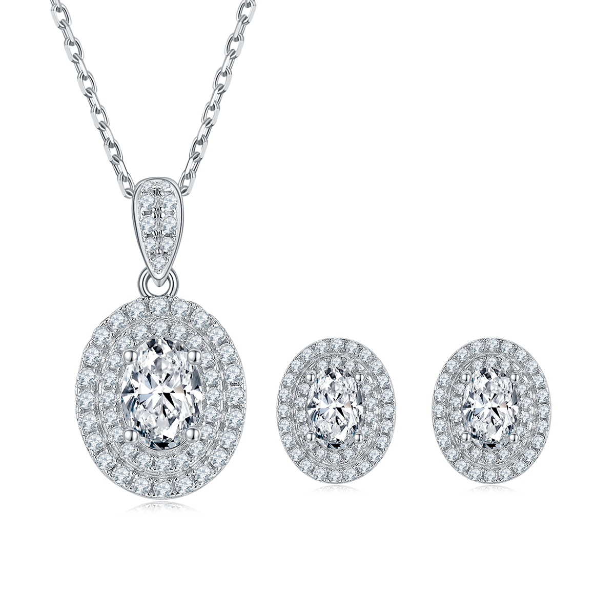 Deluxe egg shaped S925 silver plated white gold Moissanite diamond pendant earring set